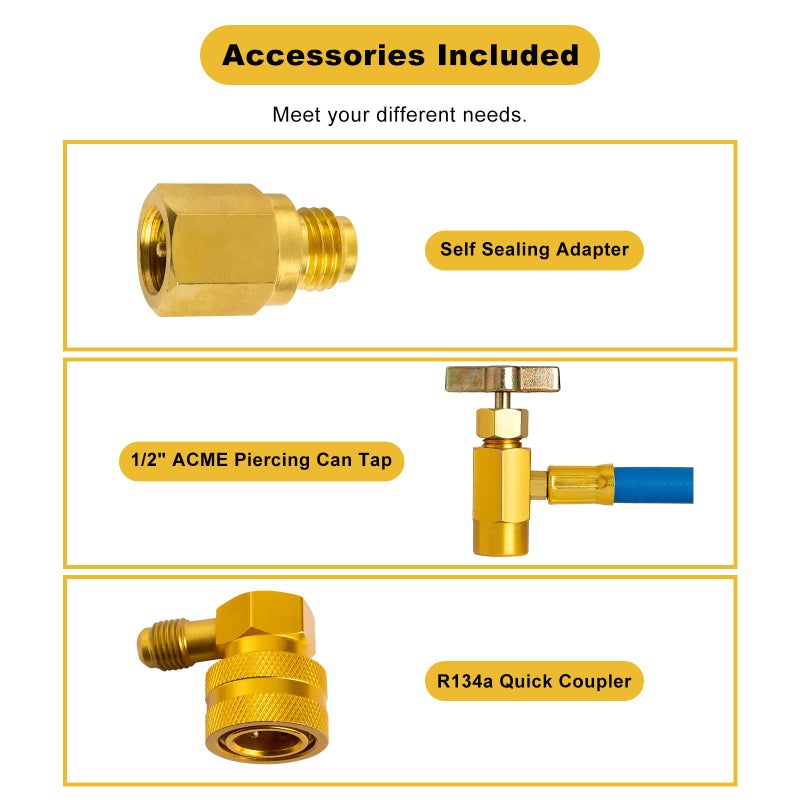 Belleone R134a Refrigerant Recharge Kit, AC Recharge Hose Kit with Gauge, R134a Freon Can Tap Recharging Hose with Detachable R134a Quick Coupler for AC Refrigerant System - Image 4